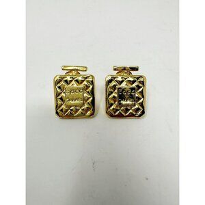 Chanel Coco Logo Vintage Perfume Parfum Bottle Large Gold Metal Clip On Earrings
